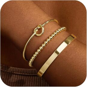 Gold Bracelets for Women Stack, 14k Gold Plated Bangle Cuff Bracelet Set Trendy Dainty Gold Jewelry for Women Waterproof Gold Paperclip/Cuban/Rope/Beaded Bracelet Love Knot Bracelet for Women Non Tarnish