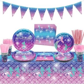 Mermaid Birthday Decorations - 162PCS Mermaid Decor Including Mermaid Plates Mermaid Napkins, Mermaid Pennant, Mermaid Tablecloth, Mermaid Cups for Girl Women Mermaid Birthday Party Supplies，Serve 20