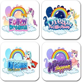 Unicorn Coasters for Kids, Set of 4 Absorbent Neoprene Coasters for Drinks, Fun Cute Coaster Unique Designs, Square Cup Mats 3.5 x 3.5 in