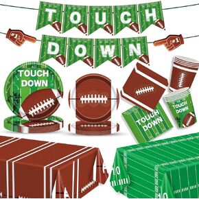 Football Party Supplies Kit Includes Dinner Plates, Dessert Plates, Napkins, Cups, Touch Down Banner and Tablecloth for Football Theme Birthday and Gameday Tailgate Party Decorations, Serve 24