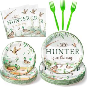 Mallard Duck Birthday Party Supplies - 96Pcs A Little Hunter is on the Way Plates Napkins Forks Tableware Set, Disposable Paper Plates Party Decoration for Birthday Baby Shower Table Decor, Serve 24