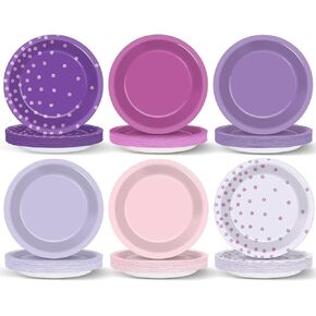 60Pcs Pink Purple Birthday Party Supplies 7Inch Metallic Pink Purple Confetti Plates Pink Purple Party Decorations for Girls Baby Shower Wedding Purple Polka Dots Dinnerware Party Favor for 60 Guest