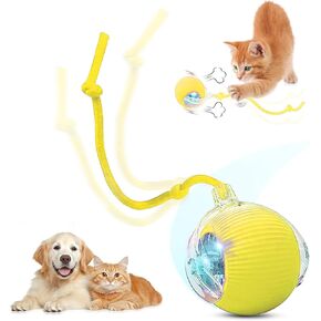 Interactive Electric Automatic Rolling Moving USB Rechargeable Self Play Stimulation Toy Smart Chase Ball with Speedy Tail Rope for Bored Adult Indoor Cats and Dogs (Yellow)
