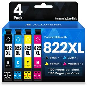 822XL Remanufactured Ink Cartridges Replacement for Epson 822XL 822 T822XL T822 for Workforce Pro WF-3820 WF-4820 WF-4830 WF-4833 WF-4834 Printer 4-Pack Black Cyan Magenta Yellow New Version