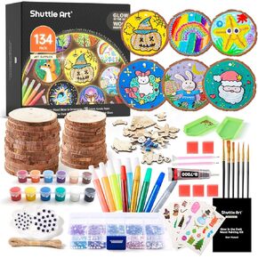 Kids Wood Painting Craft Kit, Glow-in-the-Dark Paint and Diamond Painting on Wood Slices with Stickers & Wiggle Eyes, Ideal Arts and Crafts for Kids Ages 5-12, Gifts for Halloween, Christmas, Birthday