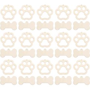 60pcs Mini Dog Bone Wood Crafts 2" Wooden Dog Paw Cutouts Unfinished Wood DIY Projects Hanging Ornaments with Jute Twines Wood Tags for Pets Party Decorations