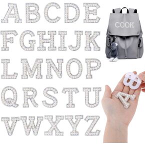 26 Pcs Pearl Rhinestone Letter Patches Pearl Iron on Letter Patches A-Z Pearl English Rhinestone Alphabet White Stick on Pearl Letter Patches for Clothes, Fabric, Backpack