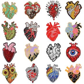 Anatomical Heart Iron on Patches for Jackets 16PCS Gothic Sew on Embroidered Applique Decorative Patches for Clothes Hats Backpacks DIY Art Crafts