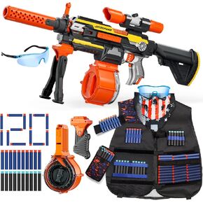 Toy Guns Automatic Machine Gun with Tactical Vest Kit -Toy Sniper Gun Rifle with Bipod - Drum Magazine Clips and 120 Darts -Toys Foam Guns for Boys 8-12 Kids Adults Gifts for Birthday Christmas