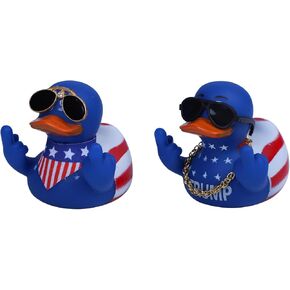 2Pcs Trump Duck 2024 Middle Finger Duck Blue Trump Rubber Duck with Black Sunglasses and Us Flag or Gold Chain Set, Duck Middle Finger for Car Dashboard Interior Decor, Jeep Ducks for Ducking Funny