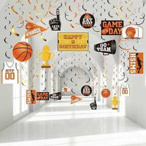 Sumind 30 Pieces Basketball Swirls Hanging Party Decorations, Basketball Sports Themed Cutouts Hanging Foil Swirls for Teenagers Birthday Party Supplies Home Decorations