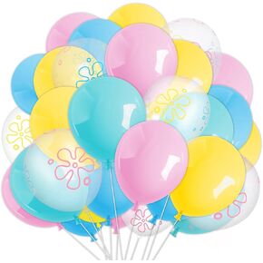 60Pcs Cartoon Sponge Party Balloon Bikini Flower Bubble Printed Latex Balloon Pink Blue Yellow Clear Balloon for Birthday Baby Shower Party Decor, 12 in
