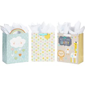 Hallmark 15" Extra Large Gift Bags with Tissue Paper (2 Bags: Baby Animals, Yellow Gingham) for Baby Showers, 1st Birthdays, Gender Reveal Parties