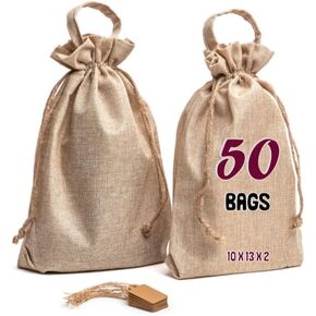 12 Pack - Burlap Bags with Drawstring & Labels - Multi-Use 10" x 13" x 2" Jute Bags with Handles for Wedding, Party Favors, Diy Craft, Grocery, Household, Kitchen Storage - Rustic Burlap Gift Bags