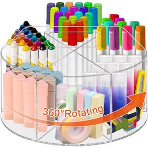 Acrylic 360° Rotating Pen Holder, Large Pencil Organizer Office Supply, Acrylic Crayon and Marker Holder Holder, Pen Holder with 6 Compartments for Kid, Pencil Storage Organizer with Handle for School