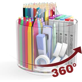 Absonic Acrylic Pen Holder Pencil Organizer, 360-Degree Rotating Pencil Holder, Crayon Organizers for Kids Marker Holder Caddy Art Supply Organizer for Desk, Kids Desk Organizer for Office Home School