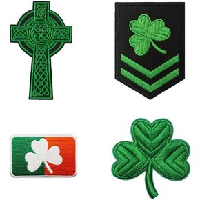 Cute-Patch St. Patrick's Day Patches Iron On, 4pc Set Irish Clover Flag Green Cross Embroidered Iron on Patches Shamrock Emblem