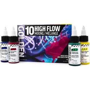 High Flow Acrylics by GOLDEN, High Flow Mixing Set, 10 Colors, Professional Acrylic Paint