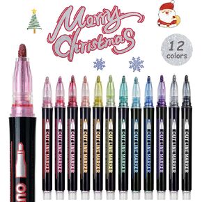 Double Line Outline Pens, 12 Colors Self-outline Metallic Markers, Shimmer Glitter Pens Set for Christmas Card Writing, Birthday Greeting, DIY Art Crafts, Scrap Booking