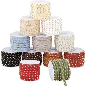 PH PandaHall 12 Colors Faux Suede Cord 66 Yards Studded Velvet String Suede Cord 5mm Faux Leather String with Golden Tone Alloy Rivet for Jewelry Necklace Bracelet Making Costume Decor