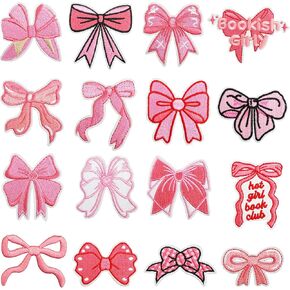 Pink Bow Iron on Sew On Patches - 16 Pcs Cute Ribbon Embroidered Patches Applique for Girls Women Hats Backpacks Socks Shirt Jackets Aesthetic DIY Decoration