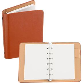 2 Pcs Leather A7 Binder 6 Ring Binder Notebook, Binder Notebook Cover Refillable Loose Leaf Round Ring Personal Journal with Insert 50 Sheets Paper,Mini Pocket Notepad (Yellowish brown)