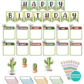 Decorably 77 Pcs Cutouts Cactus Birthday Bulletin Board with Borders, Succulent Themed Classroom Decorations, Classroom Decoration, School
