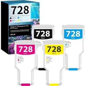 728 Ink Cartridges (300-ml, Matte Black/Cyan/Magenta/Yellow) F9J68A F9K17A F9K16A F9K15A Replacement for HP DesignJet T830 MFP & T730 Large Format Plotter Printers (4-Pack)