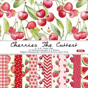 LZBRDY 24 Sheet 6"X6" Decorative Craft Paper Sheet Pads, Cherry Strawberry Apple Fruits Patterns, 160GSM Junk Journal Single-Sided Scrapbook Paper, Scrapbooking Card Making Album Supplies