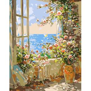 GXGLLPZBY WINDOW FLOWER PASH من أرقام أرقام للمبتدئين للمبتدئين ، ونافذة زهرة DIY بأرقام للبالغين ، وطلاء القماش السهل بالرقم بدون إطار جدار المنزل 16 × 20 في