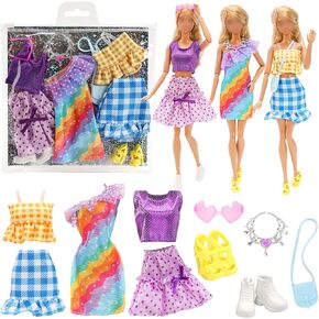 Miunana 8 PCS Girl Doll Clothes and Accessories Including 3 Sets Fashion Casual Party Dresses 1 Pair of Flat Shoes High Heels Bag Glasses with Necklace DIY Stickers for 11.5 Inch Girl Dolls