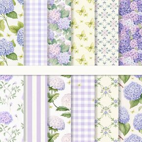 24 Sheets Purple Hydrangea Pattern Paper Floral Scrapbook Specialty Paper Double Sided Craft Paper for DIY Card Making Photo Album Decor, 6 x 6 Inch