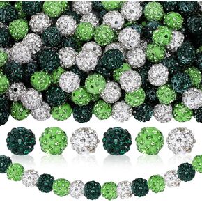 120Pcs 10mm St. Patrick's Day Rhinestone Clay Bead Green White Loose Beads Glitter Sparkle Round Disco Ball Craft Beads for DIY Making Bracelet Necklace Irish Holiday Decor