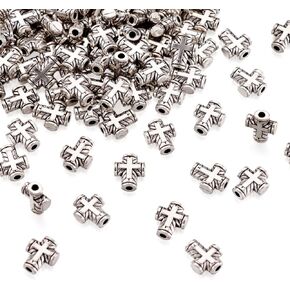 Craftdady 100Pcs Antique Silver Tiny Cross Spacer Beads 10x8mm Tibetan Metal Crucifix Cross Holy Charm Beads for Jewelry Maing Hole: 2mm