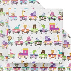 Cartoon Wrapping Paper for Kids,4 Sheet Alphabet Train with Animal Design Gift Wrapping Paper Giraffe Lion Koala Elephant Wrapping Paper 20 x 28 Inch for Baby Shower Birthday Boys Girls Gift Wrap