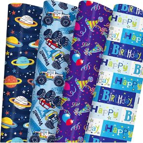 GIOLAINY Birthday Wrapping Paper for Kids Boys Girls - Outer Space, Monster Trucks, Balloons, "Happy Birthday" Words Design - 8 Sheets (29 x 20 Inches), Easy to Store
