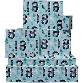 CENTRAL 23 Birthday Wrapping Paper for Men Women Friends - 18th Birthday - 6 Sheets of Gift Wrap - Geometric Shapes - For Son or Daughter - Age 18 - Comes with Fun Stickers