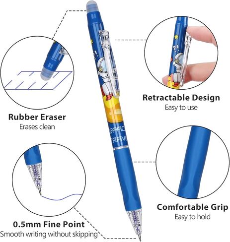6pcs أقلام قابلة للسحب محو ، حبر زرقاء جاف سريع 0.5 مم مع ممحاة نظيفة ، لوازم المكاتب المدرسية في الكتابة السلسة لأخذ الملاحظات (موضوع رائد الفضاء الأزرق) in Kuwait