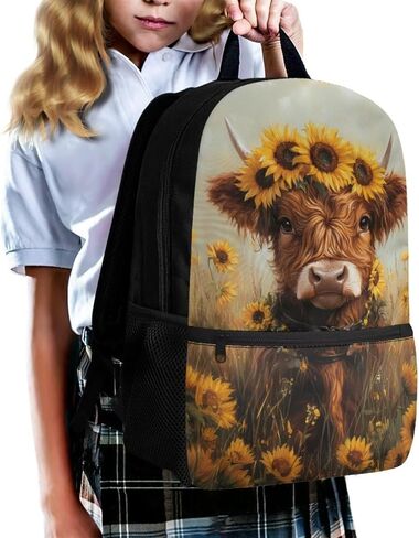 Highland Cow School Backpack Black Bookbag for Elementary School Boy Girls 17 inch School Bag Elementary Preschool Bag Packs Back to School Supplies Back Packs Heavy Duty Daypack in Saudi Arabia