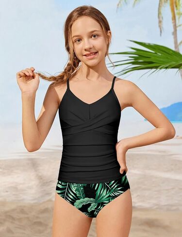 ملابس سباحة للفتيات مكونة من قطعتين بدلة استحمام متقاطعة مكشكشة للفتيات أطقم تانكيني مطبوعة ملابس سباحة للفتيات من سن 9 إلى 16 سنة in Kuwait
