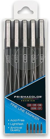 Prismacolor Premier Fine Line Illustration Markers, Assorted Fine Tips, Black, Adult Coloring, 5 Pack in Kuwait