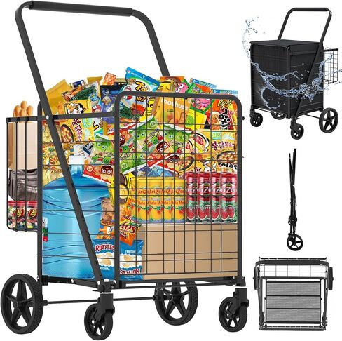 Heavy Duty Folding Shopping Cart for Groceries, Jumbo Grocery Carts with 360° Swivel Wheels, Waterproof Bag, Portable Utility Trolley for Daily, Laundry, Holds Up to 320 LBS in Saudi Arabia