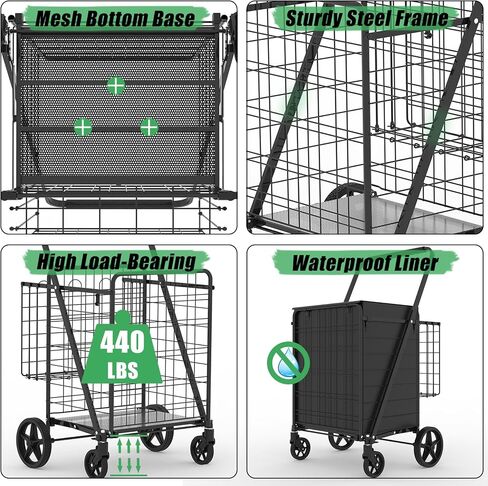 Heavy Duty Folding Shopping Cart for Groceries, Jumbo Grocery Carts with 360° Swivel Wheels, Waterproof Bag, Portable Utility Trolley for Daily, Laundry, Holds Up to 320 LBS in Saudi Arabia