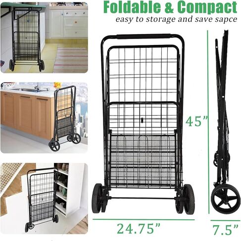 Heavy Duty Folding Shopping Cart for Groceries, Jumbo Grocery Carts with 360° Swivel Wheels, Waterproof Bag, Portable Utility Trolley for Daily, Laundry, Holds Up to 320 LBS in Saudi Arabia