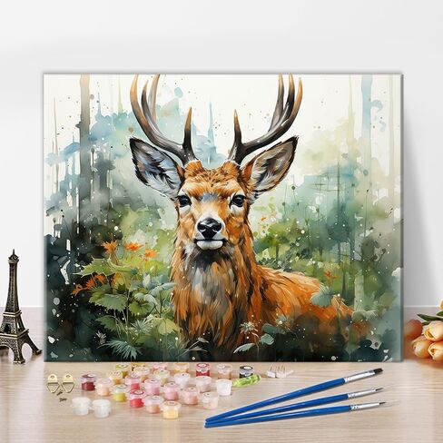Rebotipy Deer Paint by Numbers Paint Animal and Forest Paint by Numbers Cit for Comphas Canvas Beginner مع فرشاة الطلاء وطلاء الصباغ الأكريلي in Kuwait
