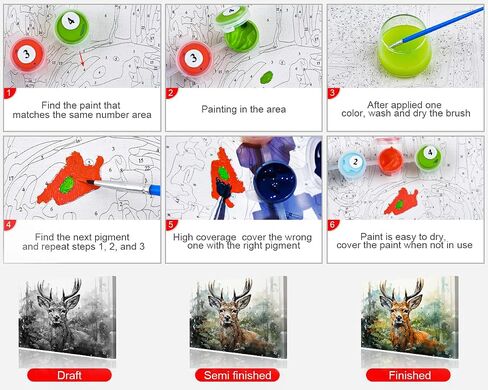 Rebotipy Deer Paint by Numbers Paint Animal and Forest Paint by Numbers Cit for Comphas Canvas Beginner مع فرشاة الطلاء وطلاء الصباغ الأكريلي in Kuwait