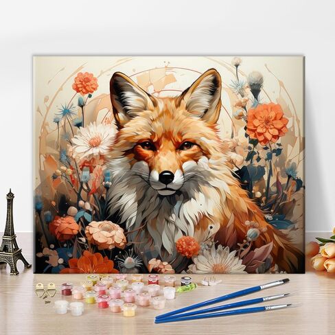 TUMOVO Paint by Number for Adults Beautiful Fox with Flowers in The Meadow Paint by Numbers Kit with Brushes and Pigment, Oil Painting on Canvas for Wall Decor, 16"x20" in Saudi Arabia