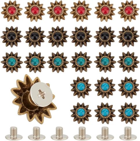 ADHANDMAKER 40 مجموعات الشمس زهرة الزخارف الزخرفية عتيقة الفيروز الاصطناعية الأزرار الملونة الخلفية لبرغي الجلود الظهر يدوي ديي البضائع الجلدية الملحقات in Kuwait