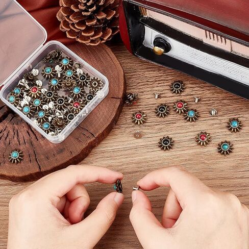 ADHANDMAKER 40 مجموعات الشمس زهرة الزخارف الزخرفية عتيقة الفيروز الاصطناعية الأزرار الملونة الخلفية لبرغي الجلود الظهر يدوي ديي البضائع الجلدية الملحقات in Kuwait