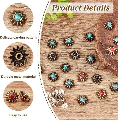 ADHANDMAKER 40 مجموعات الشمس زهرة الزخارف الزخرفية عتيقة الفيروز الاصطناعية الأزرار الملونة الخلفية لبرغي الجلود الظهر يدوي ديي البضائع الجلدية الملحقات in Kuwait